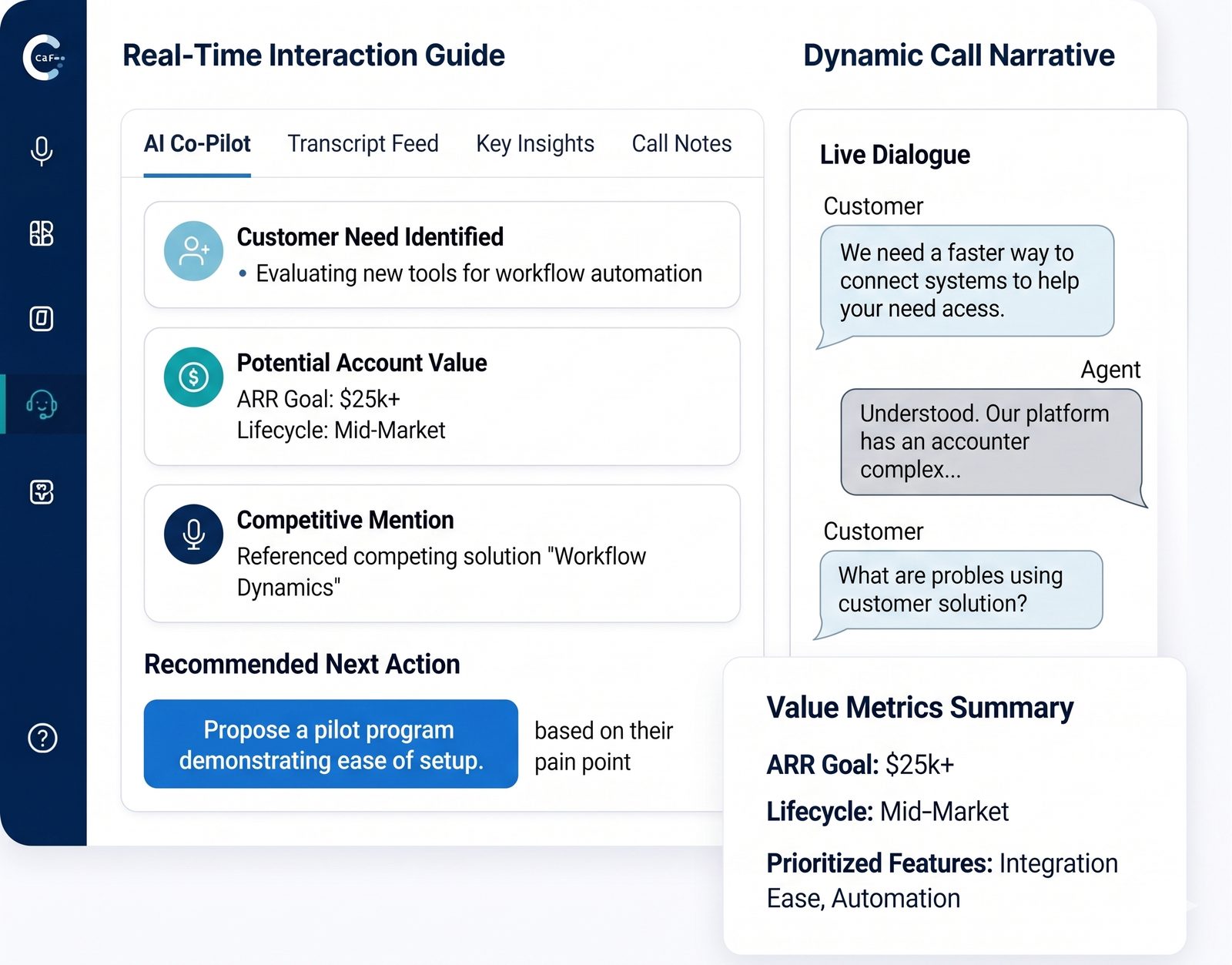 Real-time interaction guide with AI co-pilot insights and live call transcript